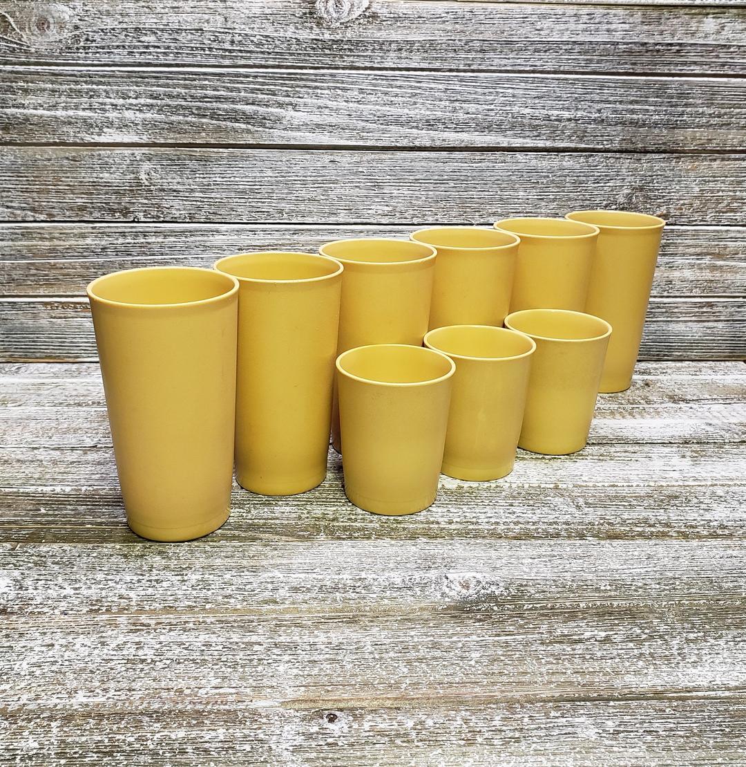 Vintage Tupperware Cups, 9 Harvest Gold Stackable Tumblers, 1970's