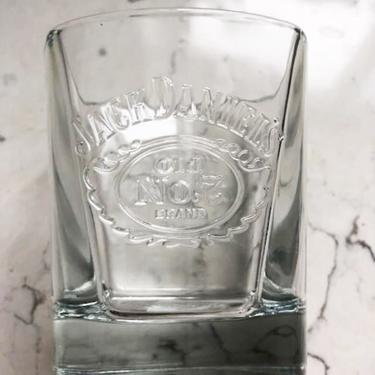 Bareware Vintage Jack Daniels Whiskey Square Glass Tumbler Embossed Wing &quot;Every Day We Make It&quot;. Antique Jack Daniel Embossed Barware Glass by LeChalet