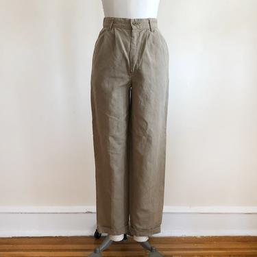 Khaki High-Waisted Linen Blend Trousers - 1980s 
