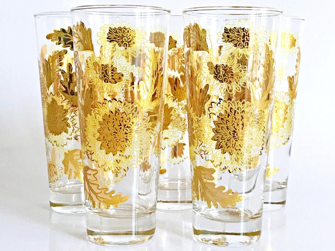 Vintage Federal store Glass Tom Collins High Ball Ice Tea Blue Floral Glasses Set of 4