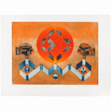 Lola Breidbart Collagraph Print &quot;Aztec&quot; Abstract Geometric Art Vintage Color Art Op Art Serigraph 