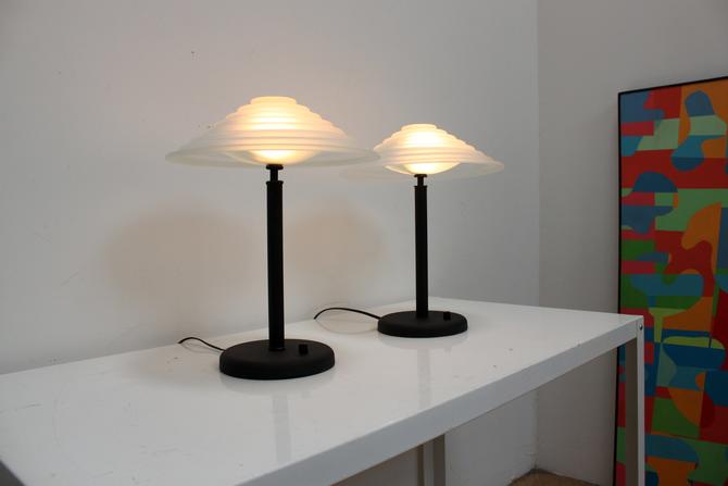 Pair 90s Bazz Table Lamp Postmodern Memphis Cast Iron Glass