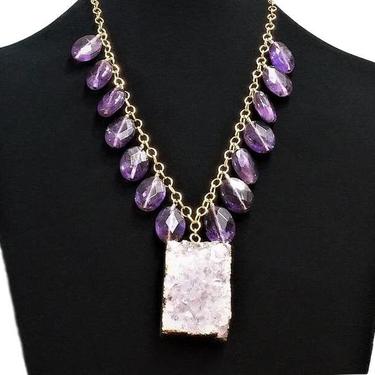 Druzy Amethyst Gold Dipped Necklace - Raw Amethyst Statement Jewelry 