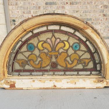 Antique French Victorian Architectural Stained Glass Panel Transom Window, Late 19th Century 