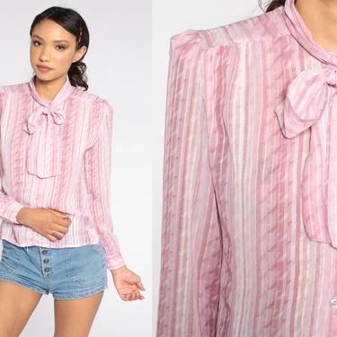 Striped Ascot Shirt 80s Lavender Pink Secretary Blouse Long Puff Sleeve Top Semi-Sheer Bow Neck Ascot Top Button Up Vintage 1980s Small 