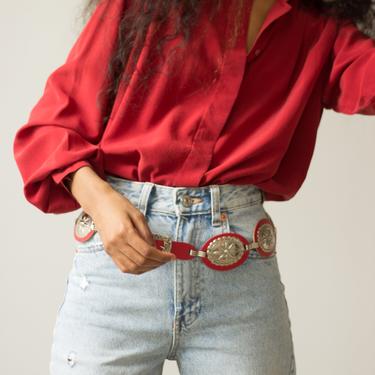 1970s Red Leather and Stamped Silver Concho Belt 