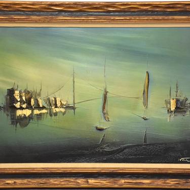 Oil on Canvas Painting Shipyard Scene Signed Ivan 