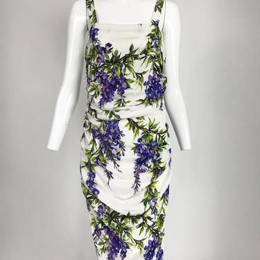 Dolce &amp; Gabbana Wisteria Print Side Ruched Dress in White &amp; Lavender