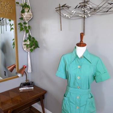 Vintage 70's DonnKenny Green Button Down Belted Mini Dress/Tunic Top with Pockets 