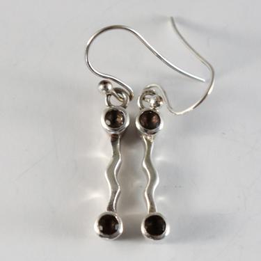 90's 925 silver brown spinel bent ribbon dangles, edgy geometric minimalist sterling gemstone rigid wave earrings 