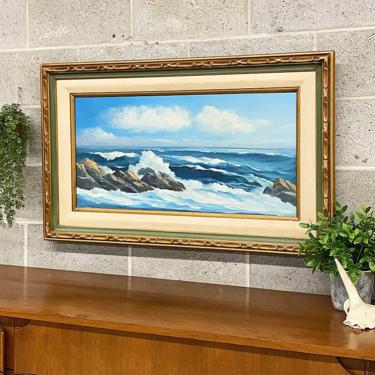 Vintage Stevens Painting 1970s Retro Size 39x24 Mid Century Modern + Ocean + Waves + Rocks + Acrylic + Stretched Canvas + Carved Wood Frame 