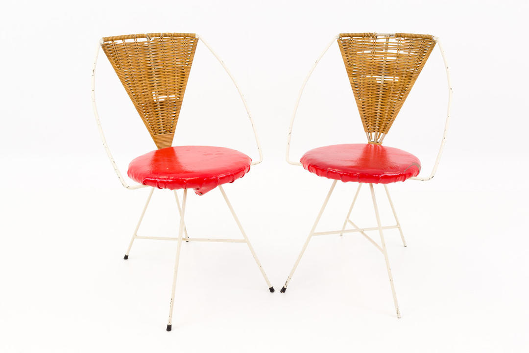 Arthur Umanoff Mid Century Modern Iron and Wicker Vanity Chairs