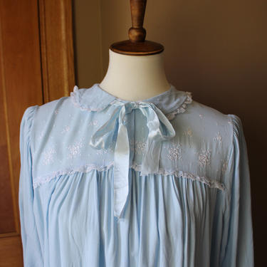 Late 1950's Leonora Blue Night Gown with Floral Embroidery 