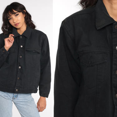 Black Denim Sherpa Jacket Vintage Faux SHEARLING Jean Jacket Fleece Lined Oversized Grunge Biker Button Up 90s Small Medium 
