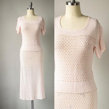 1950s Ensemble Crochet Cotton Knit Skirt Top Set XS / S 