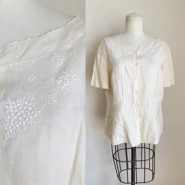 Vintage 1960s Pure Linen Embroidery Blouse / M 