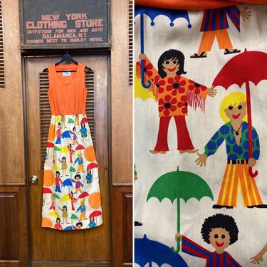 Vintage 1960’s Umbrella Kid Artwork Mod Maxi Dress, Vintage Dress, Maxi Dress, 1960s Vintage, Colorful Cotton 