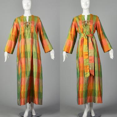 Medium Treacy Lowe Maxi Dress 1970s Silk Plaid Orange Green Pattern Long Sleeve Dress 