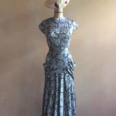 Vintage 80s Silver Metallic Floral Print Dress w/ Pockets 