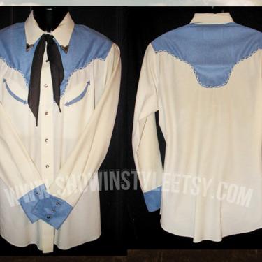 The Denver Vintage Western Men's Cowboy &amp; Rodeo Shirt, Long Tail, Off White with Blue Yokes and Trim, Approx. Size Large (see meas. photo) 