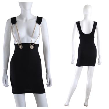 1990s Black Body Con Jumper Dress with Gold Chain Suspenders - 90s Body Con Dress - 90s Pinafore - 90s Cocktail Dress | Size XS / Small 