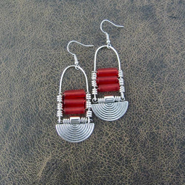Red sea glass earrings, chandelier earrings, statement earrings, bold earrings, etched metal earrings, tribal ethnic earrings, chic 
