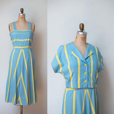 1940s Chevron Sundress / 40s Striped Cotton Dress Bolero 