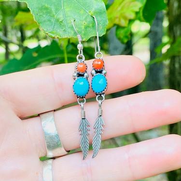 Vintage Sterling Silver Coral &amp; Turquoise Feather Earrings, Multi-Stone Dangle Earrings, Native American 925, 2 1/2” Long 