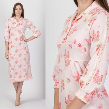 70s Pink Floral Prairie Midi Dress - Petite XS | Vintage Empire Waist Boho Collared Lace Trim Dress 
