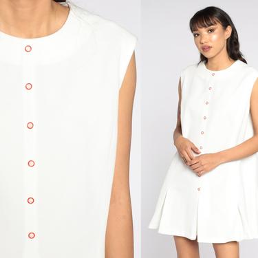 Mod Mini Dress White 60s Tennis Dress 60s Mini Dress Shift Pleated Vintage 70s Button Up Minidress Space Age Sleeveless Extra Large xl 