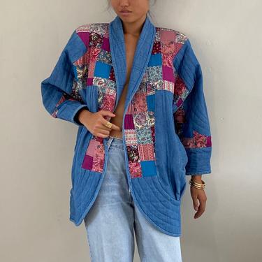 70s patchwork quilt jean jacket blazer / vintage handmade cotton patchwork quilt denim jean open front batwing blazer jacket | L 