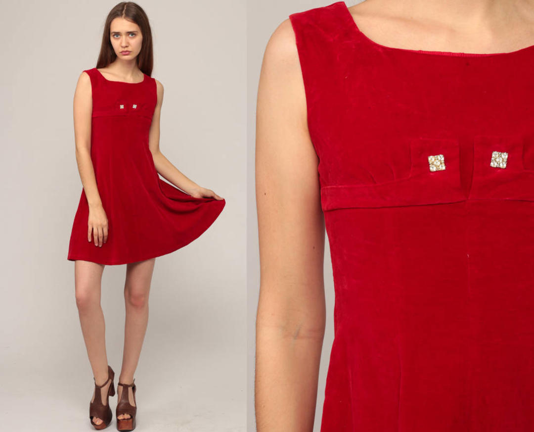 Velvet Mini Dress 60s Mod Red Velvet Dress RHINESTONE 1960s
