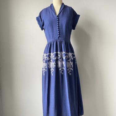 1950s Dress Linen Full Skirt Soutache S 
