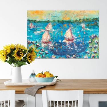 Seascape Coastal Art Print ~ Nautical Seascape Giclée Print ~ Ocean Sailboat Boathouse Art ~ Abstract Sailboat ~ Beach House Décor 
