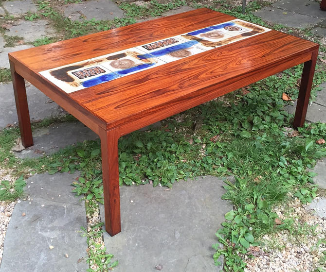 Brazilian Rosewood Danish Coffee Table Hand Painted Tile Inlay Mid