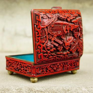Antique Chinese Carved Cinnabar Enamel Hinge Box W/ Lid, Intricately Carved Figural Landscape, Flora/Fauna Motifs, 4&amp;quot; W x 3.5&amp;quot; D x 2&amp;quot; H 