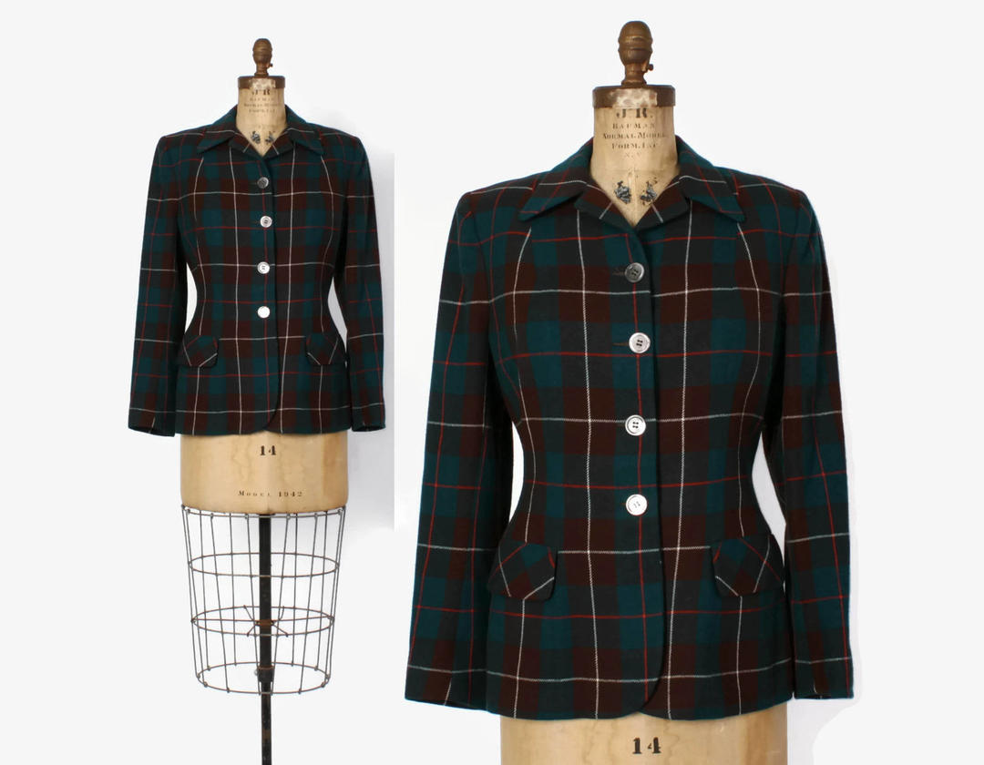 Vintage 50s Plaid BLAZER / 1950s Classic Green and Red Tartan Lucky