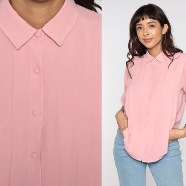 Baby Pink Shirt -- Vintage 80s Button Up Shirt Pleated Blouse 1980s Short Sleeve Plain Basic Blouse Large 12 