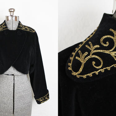 1940's Black Velvet Cropped Jacket with Soutache / Size Small Medium 