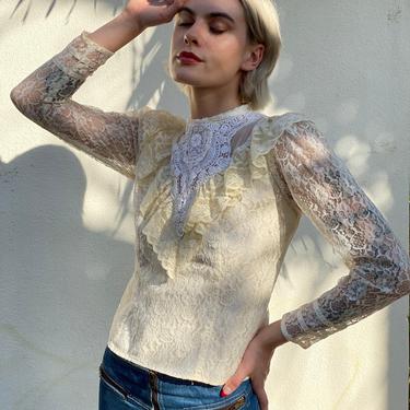 Gunne Sax Blouse / Cream Lace with Crochet Cotton High Neckline / 1970's 1980's Cream Top / Sheer Sleeves Victorian Look 