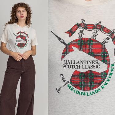 1986 Ballantine's Scotch Whiskey Bagpipe Tee - Medium | Vintage 80s Unisex White Graphic Meadowlands T Shirt 