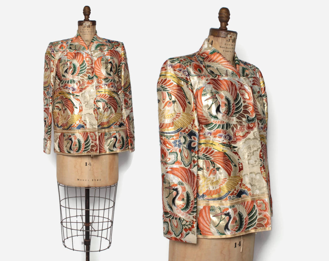 Vintage 40s Japanese Silk Brocade JACKET / 1940s Crane Pattern Strong