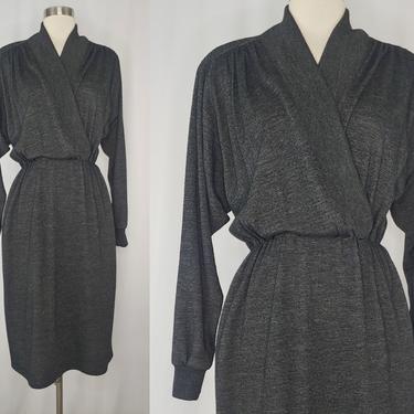 Vintage Eighties Gray Knit St Gillian Kay Unger Long Sleeve Dress - 80s Medium Faux Wrap Dress 