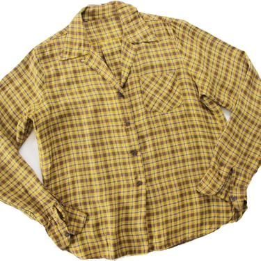 Vintage 50s Loop Collar Gabardine Shirt S - 1950s Western Plaid Women's Button Up - Mustard Yellow Brown 50s Blouse 