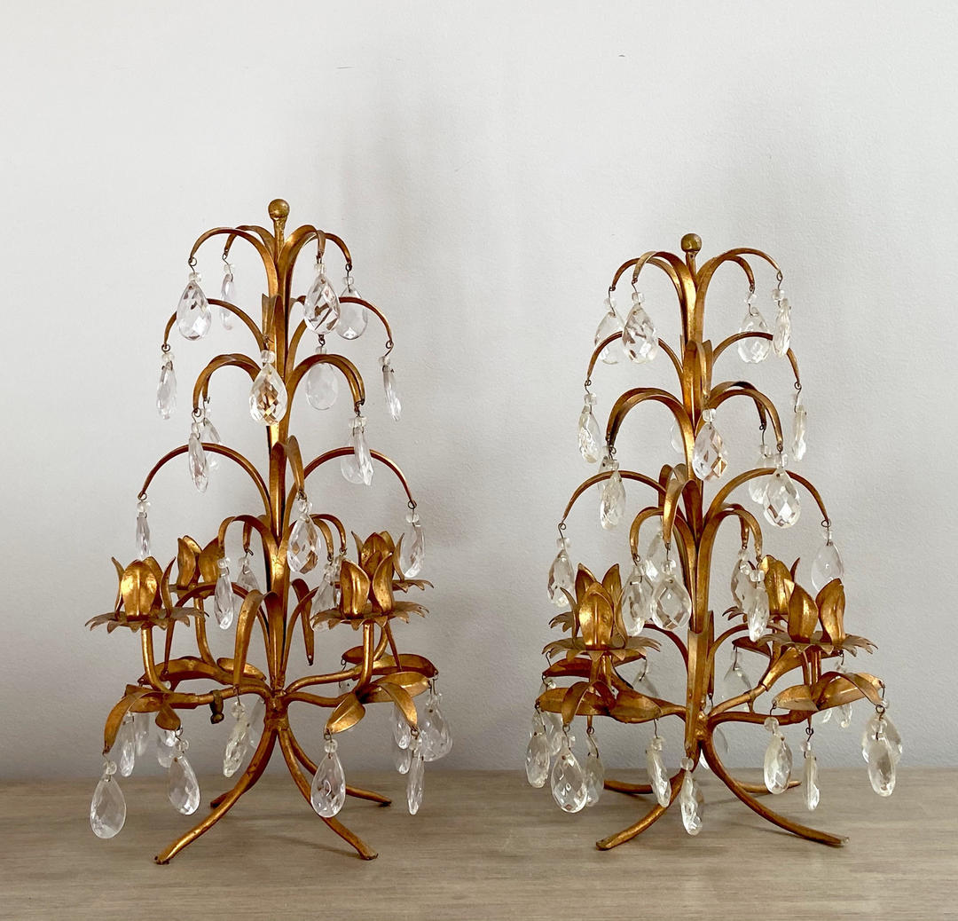 Italian Gold Tole Candelabras Hanging Crystals Neoclassical Rococo