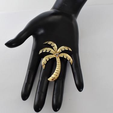 Unusual 40's gold plated metal rhinestone coconut palm bling brooch, detailed retro palm tree c clasp kitsch statement pin 