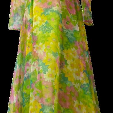 70s Floral Chiffon Sheer Sleeve Drape Collar Gown By Miss Elliette