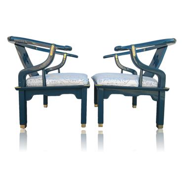 Vintage Pair Teal Lacquer Ming Horseshoe Arm Chairs in the Style of James Mont by Century Chair Company 