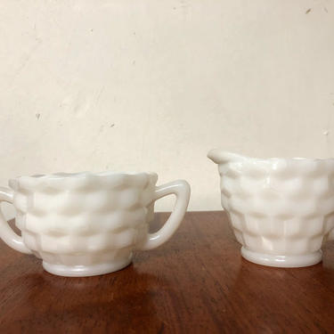 Vintage Jeannette Glass Cube Milk Glass Individual Creamer and Sugar Depression Glass 