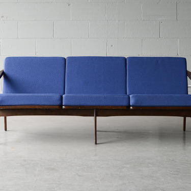 6ft Mid-Century Modern Sofa Wood Frame and Blue Upholstery 